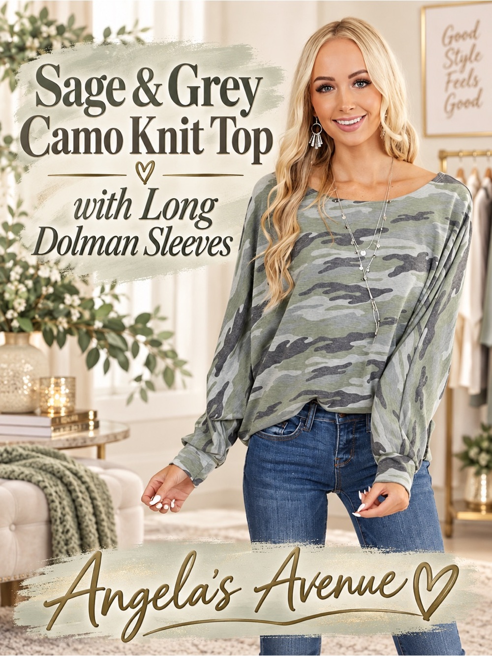 Sage & Grey Camo Knit Top w/ Long Dolman Sleeves NEW